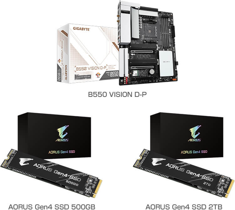 B550 VISION D-P、AORUS Gen4 SSD 500GB、AORUS Gen4 SSD 2TB 製品画像